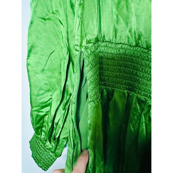 ALLSAINTS Estelle Green Satin Silk Long Sleeve Handkerchief Midi Dress Size 8 - Picture 10 of 14